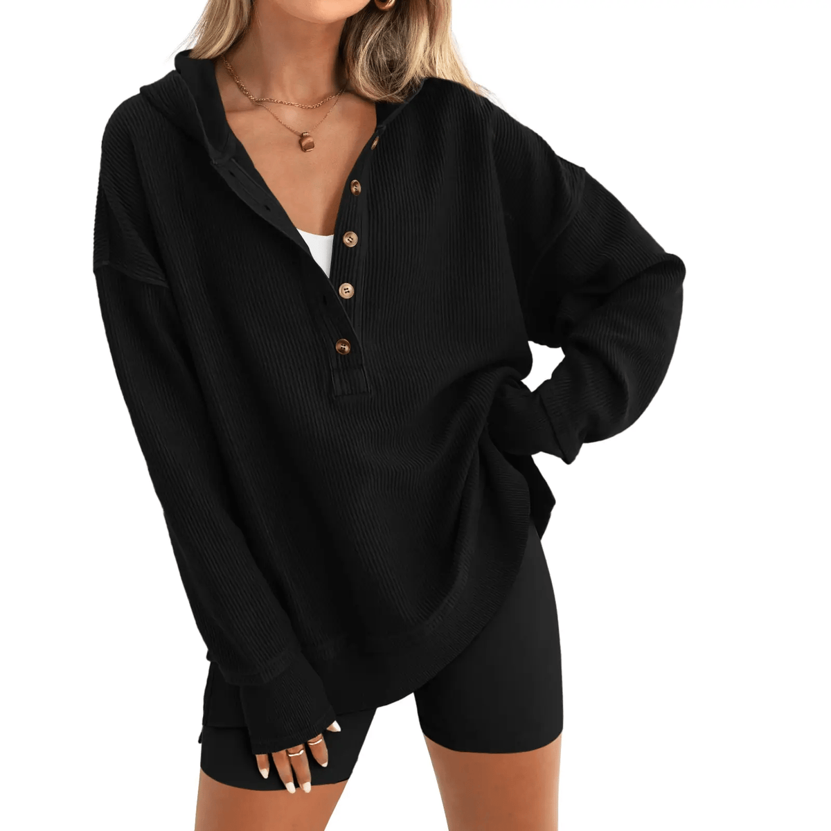 Womens Fashion Long Sleeve Hoodie Oversized Button Up V Neck Sweatshirt Side Slit Casual Pullover Tops for Fall Cozy Goals