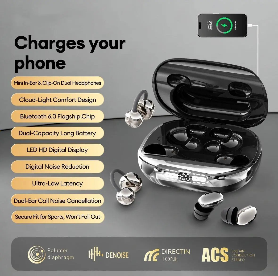 6-Piece Clip-On Earbuds with Power Bank Case