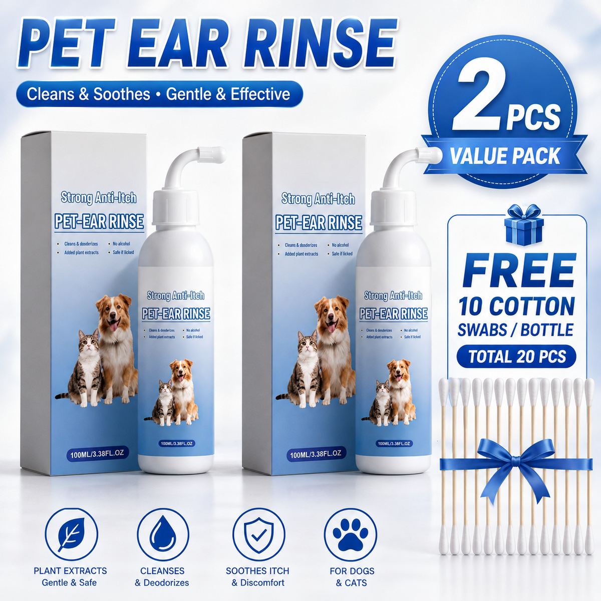 🐶 Gentle Pet Ear Cleaner Solution for Dogs & Cats (100ml / 3.38 fl oz) 🐱