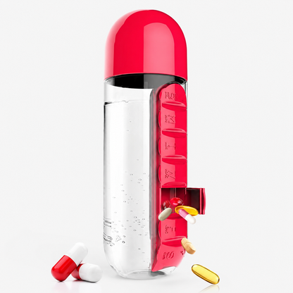 2-in-1 Water Bottle with 7-Day Pill Organizer – 20oz Portable Daily Supplement Bottle