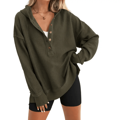 Womens Fashion Long Sleeve Hoodie Oversized Button Up V Neck Sweatshirt Side Slit Casual Pullover Tops for Fall Cozy Goals