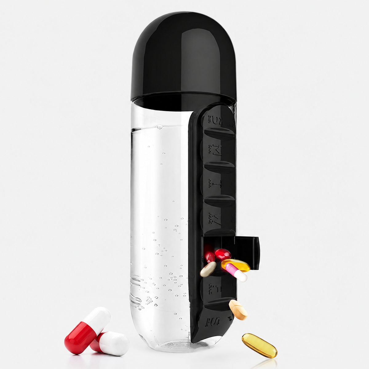 2-in-1 Water Bottle with 7-Day Pill Organizer – 20oz Portable Daily Supplement Bottle