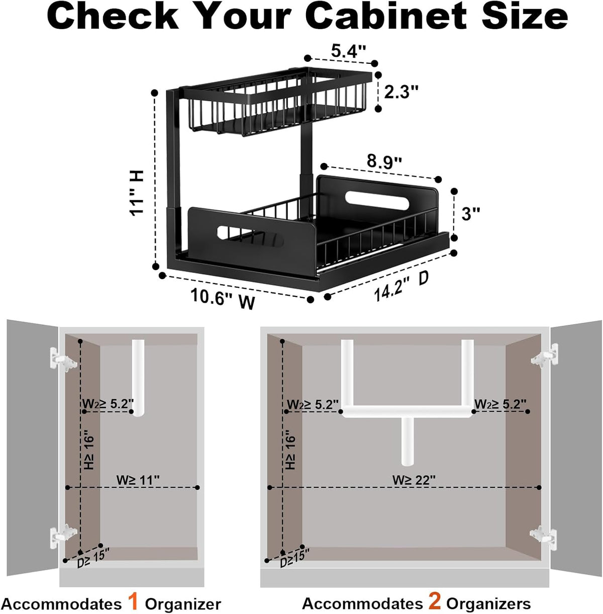 Under Sink Organizer | L-Shaped Double Drawer Cabinet Shelf, Fits Around Pipes, Holds Up to 50 lbs