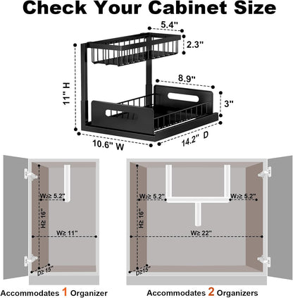 Under Sink Organizer | L-Shaped Double Drawer Cabinet Shelf, Fits Around Pipes, Holds Up to 50 lbs