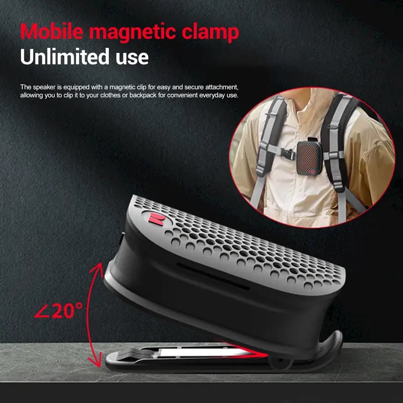 Clip-On Bluetooth Speaker – IPX7 Waterproof, 12-Hr Battery, TWS Stereo | 80g Ultra-Light