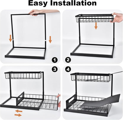 Under Sink Organizer | L-Shaped Double Drawer Cabinet Shelf, Fits Around Pipes, Holds Up to 50 lbs