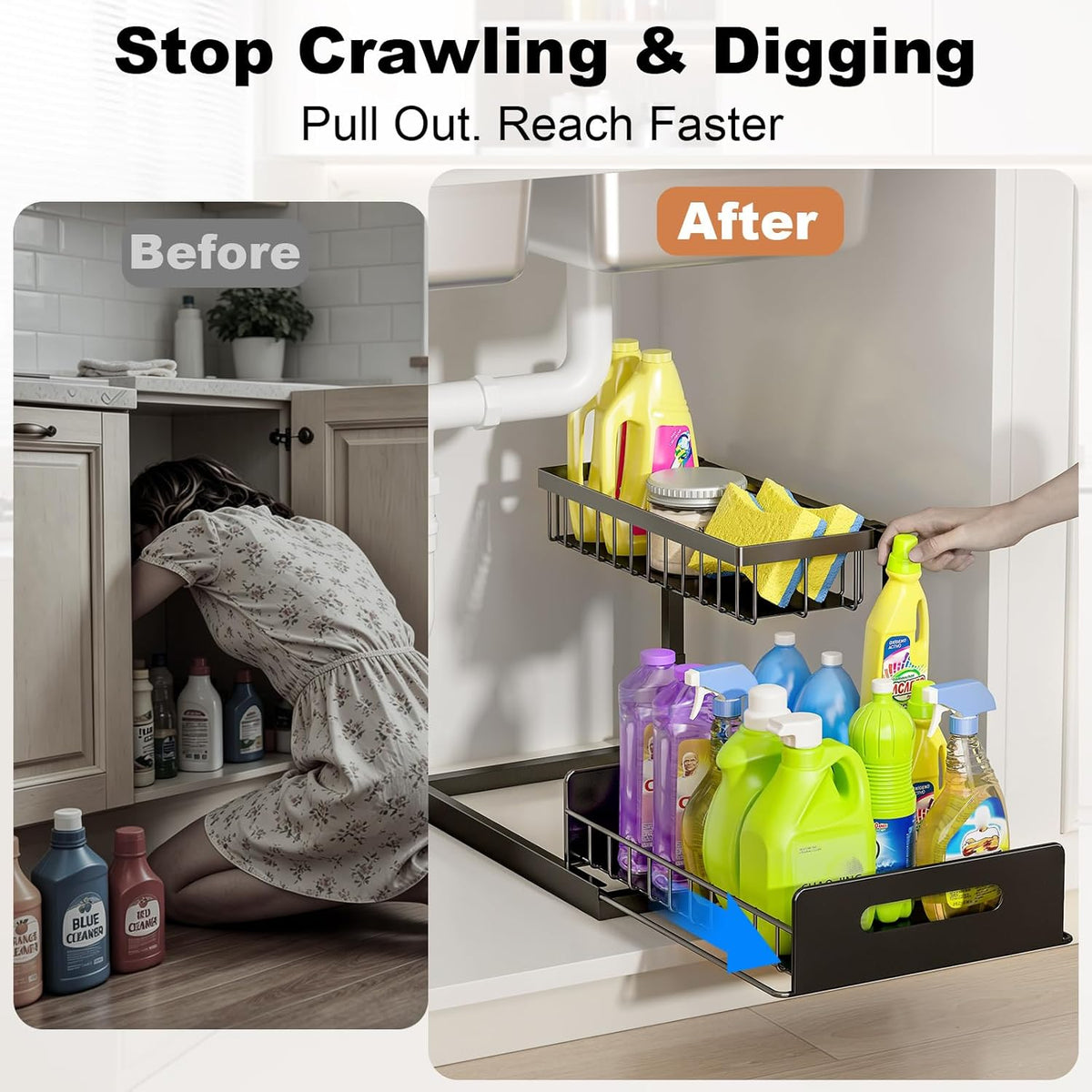 Under Sink Organizer | L-Shaped Double Drawer Cabinet Shelf, Fits Around Pipes, Holds Up to 50 lbs