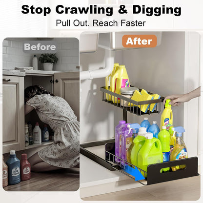 Under Sink Organizer | L-Shaped Double Drawer Cabinet Shelf, Fits Around Pipes, Holds Up to 50 lbs
