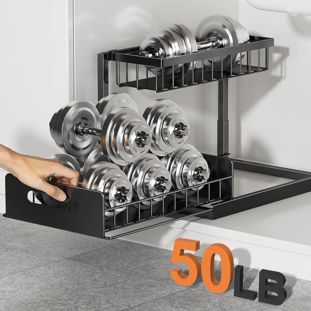 Under Sink Organizer | L-Shaped Double Drawer Cabinet Shelf, Fits Around Pipes, Holds Up to 50 lbs