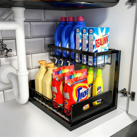 Under Sink Organizer | L-Shaped Double Drawer Cabinet Shelf, Fits Around Pipes, Holds Up to 50 lbs