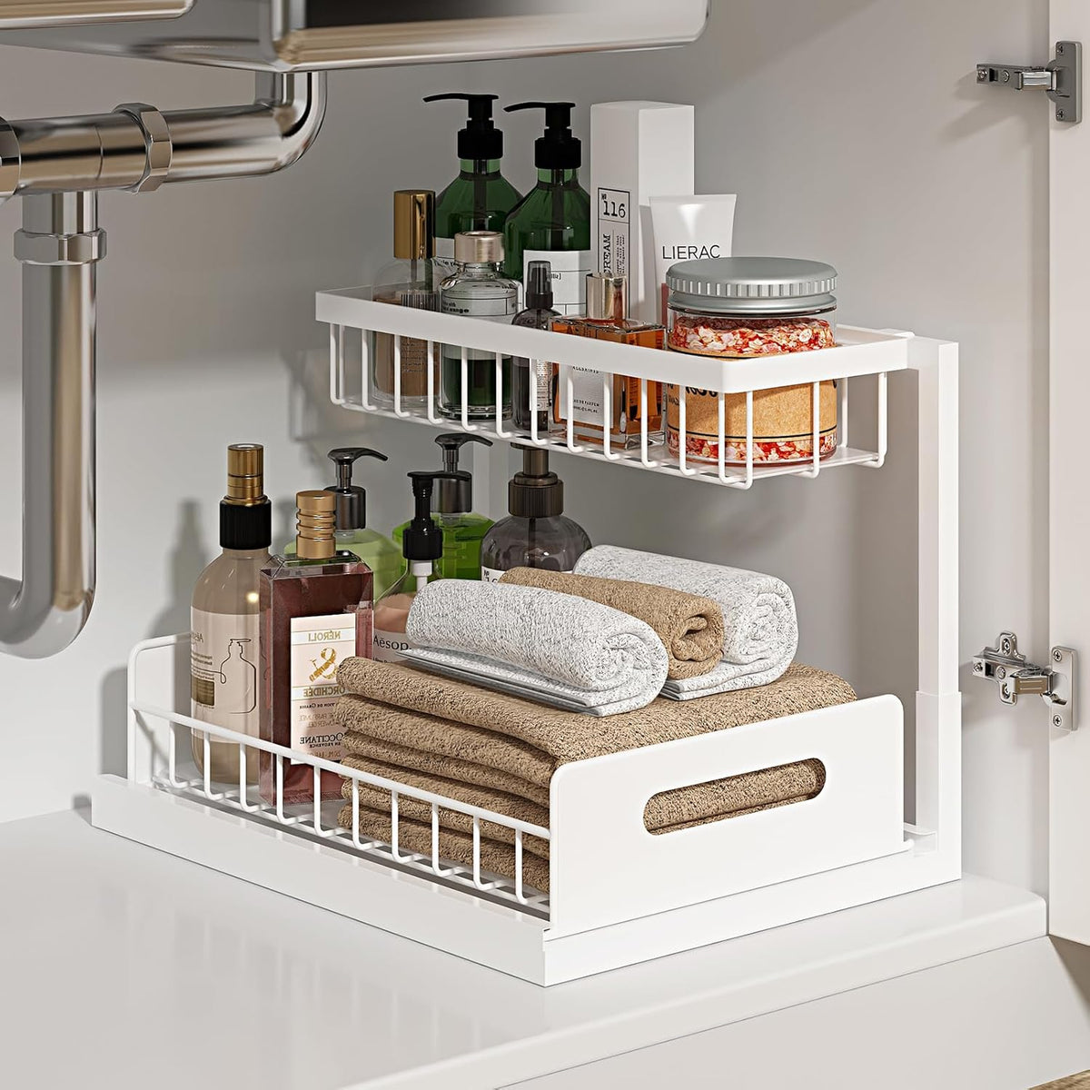 Under Sink Organizer | L-Shaped Double Drawer Cabinet Shelf, Fits Around Pipes, Holds Up to 50 lbs