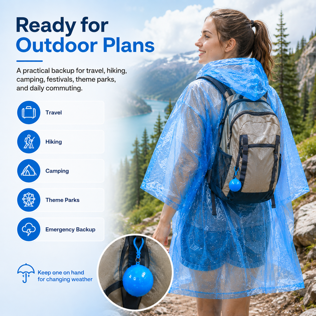 Portable Hooded Rain Poncho – Waterproof Tear-Resistant Emergency Raincoat with Keychain Case