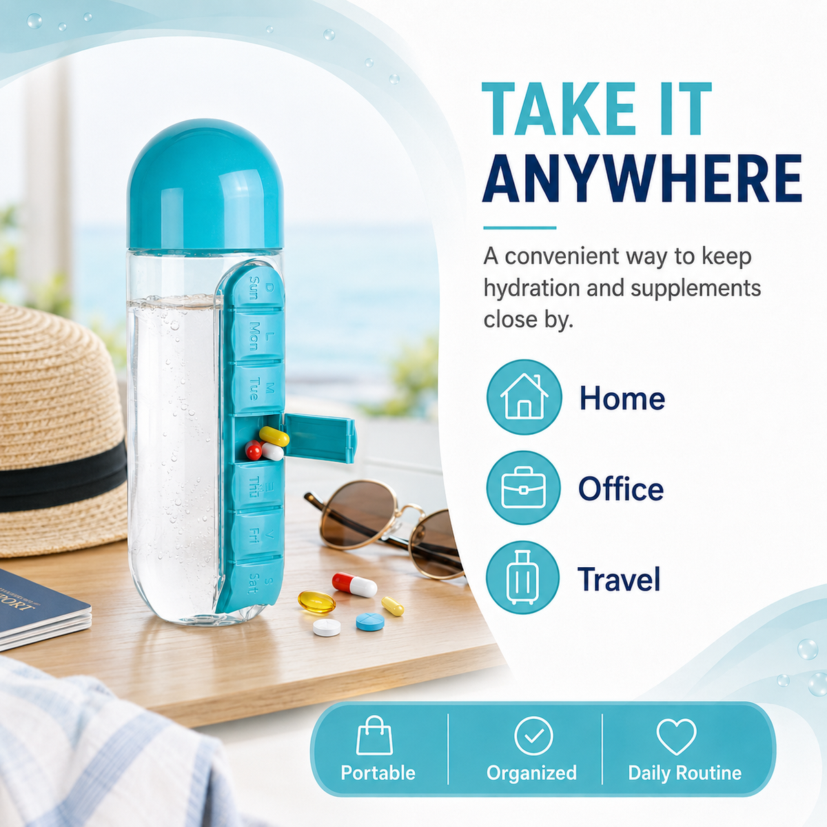 2-in-1 Water Bottle with 7-Day Pill Organizer – 20oz Portable Daily Supplement Bottle
