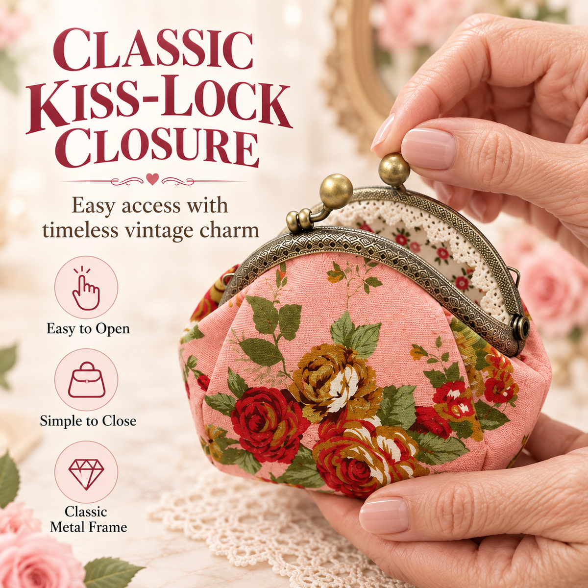 Vintage Floral Kiss-Lock Coin Purse – Compact Pouch for Cards, Coins, Keys & Small Essentials