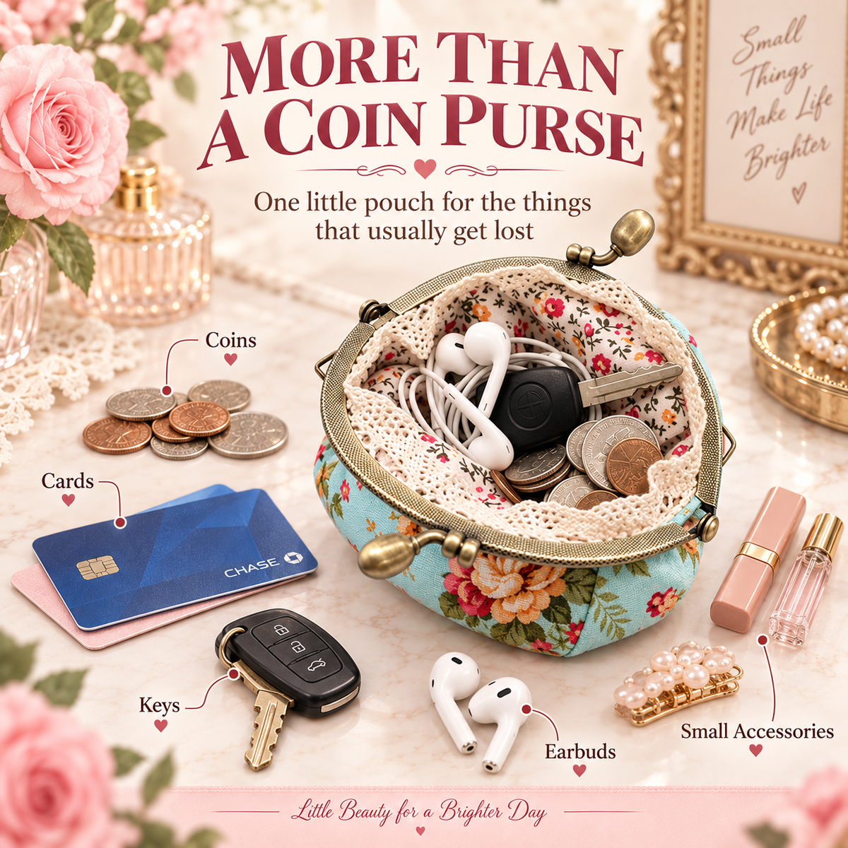 Vintage Floral Kiss-Lock Coin Purse – Compact Pouch for Cards, Coins, Keys & Small Essentials