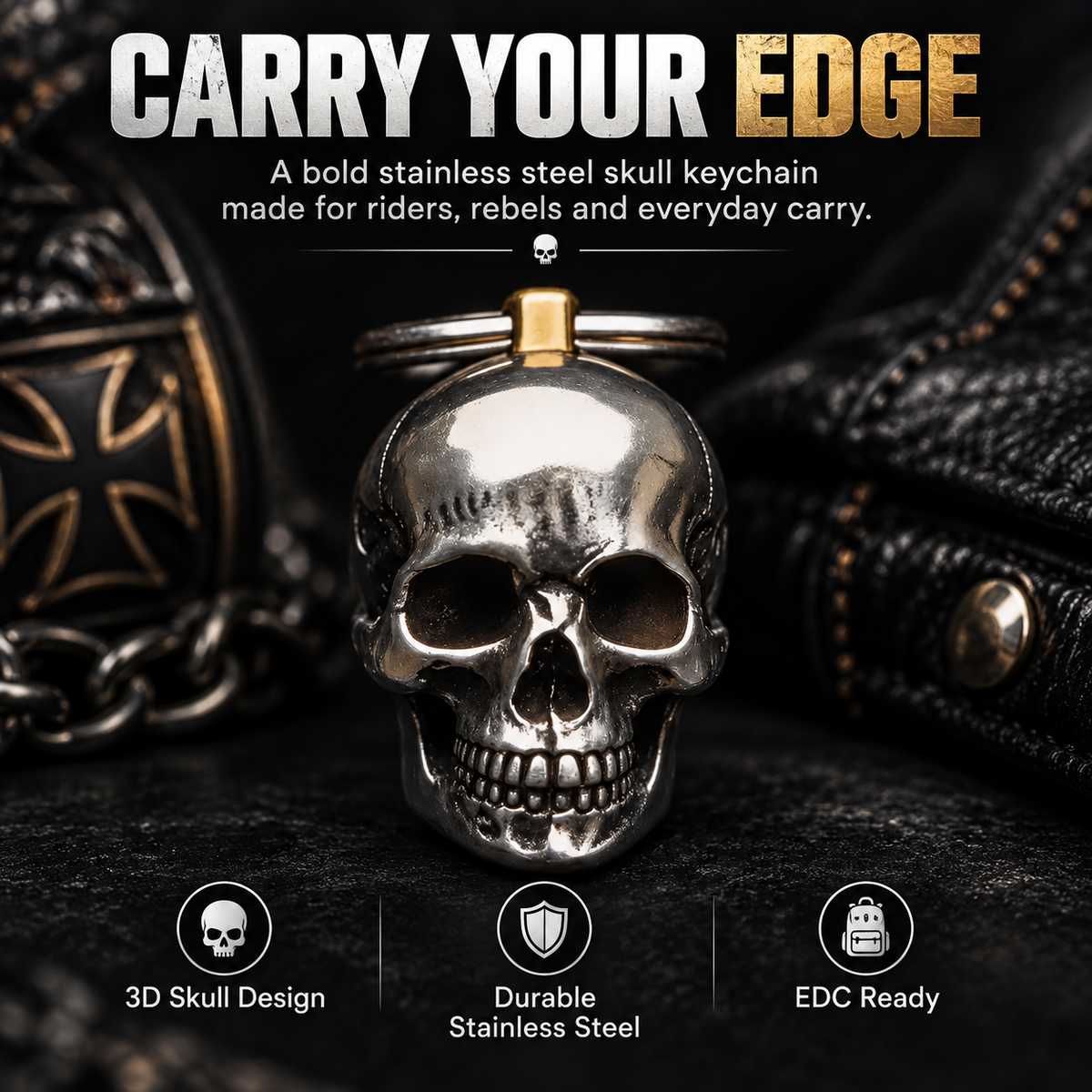 3D Steel Skull Keychain – Gothic Biker EDC Key Ring