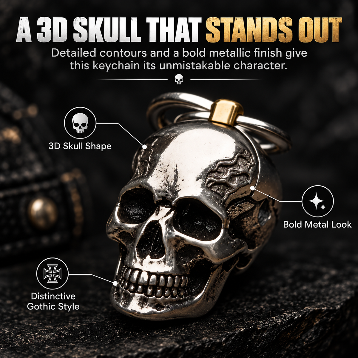 3D Steel Skull Keychain – Gothic Biker EDC Key Ring