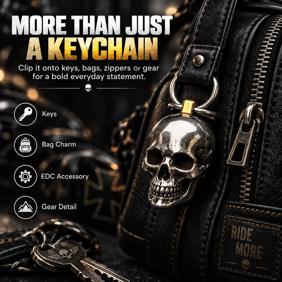 3D Steel Skull Keychain – Gothic Biker EDC Key Ring