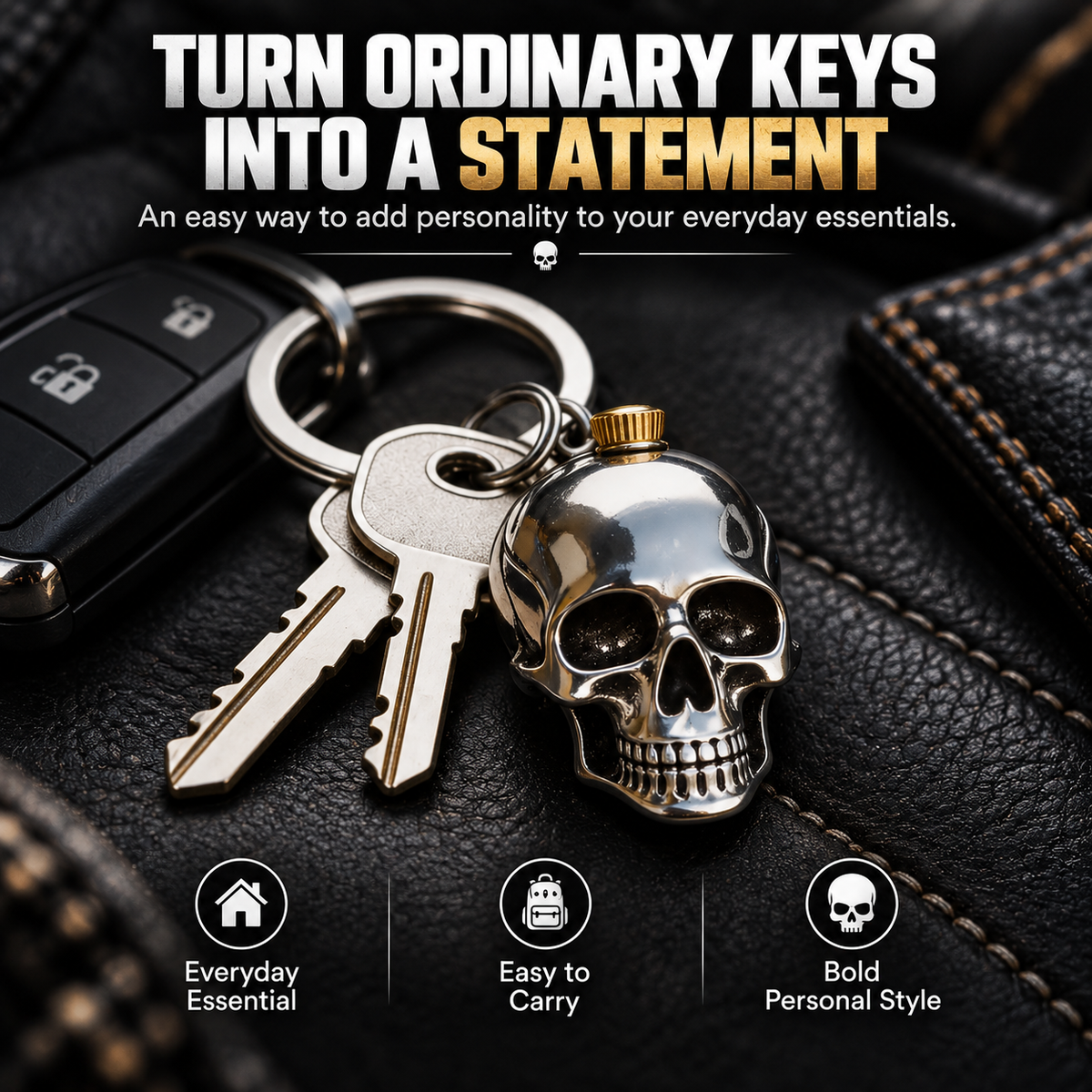 3D Steel Skull Keychain – Gothic Biker EDC Key Ring