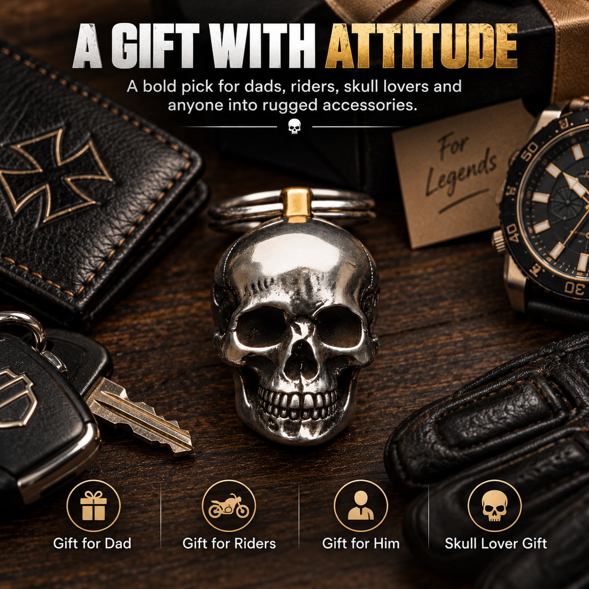 3D Steel Skull Keychain – Gothic Biker EDC Key Ring