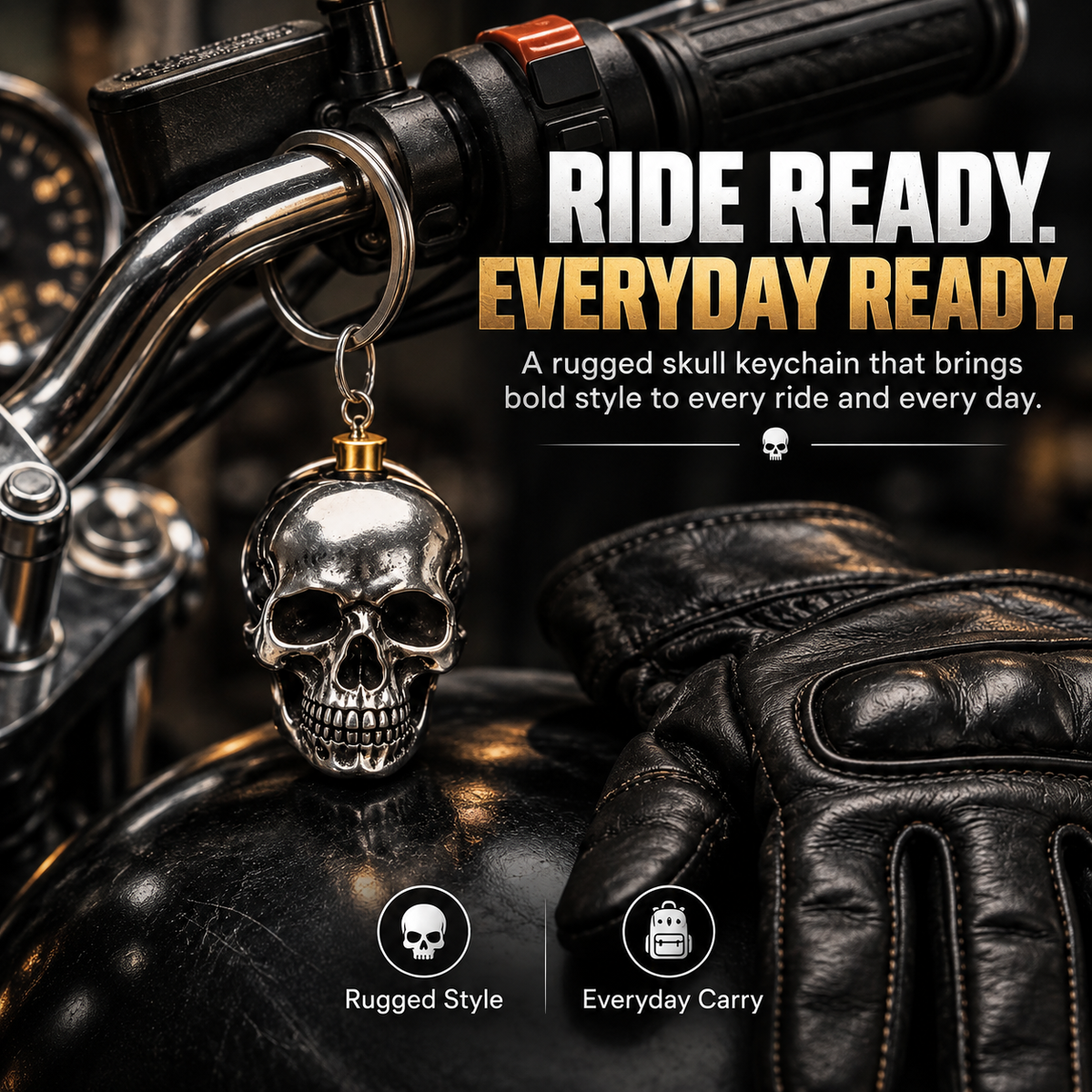 3D Steel Skull Keychain – Gothic Biker EDC Key Ring