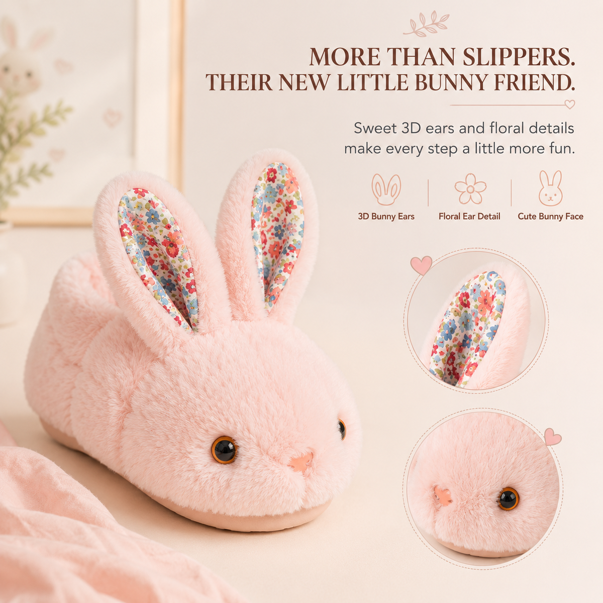 ✨ Cozy Bunny House Slippers for Kids – Plush 3D Ears, Floral Details & Textured Indoor Sole 🐰💗