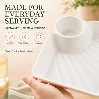 Snack & Dip Serving Plate – Built-In Sauce Cup, Raised Base & Easy-Stack Design