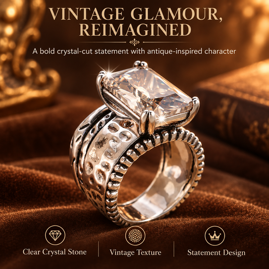 Vintage Clear Crystal Statement Ring – Antique Silver-Tone Design