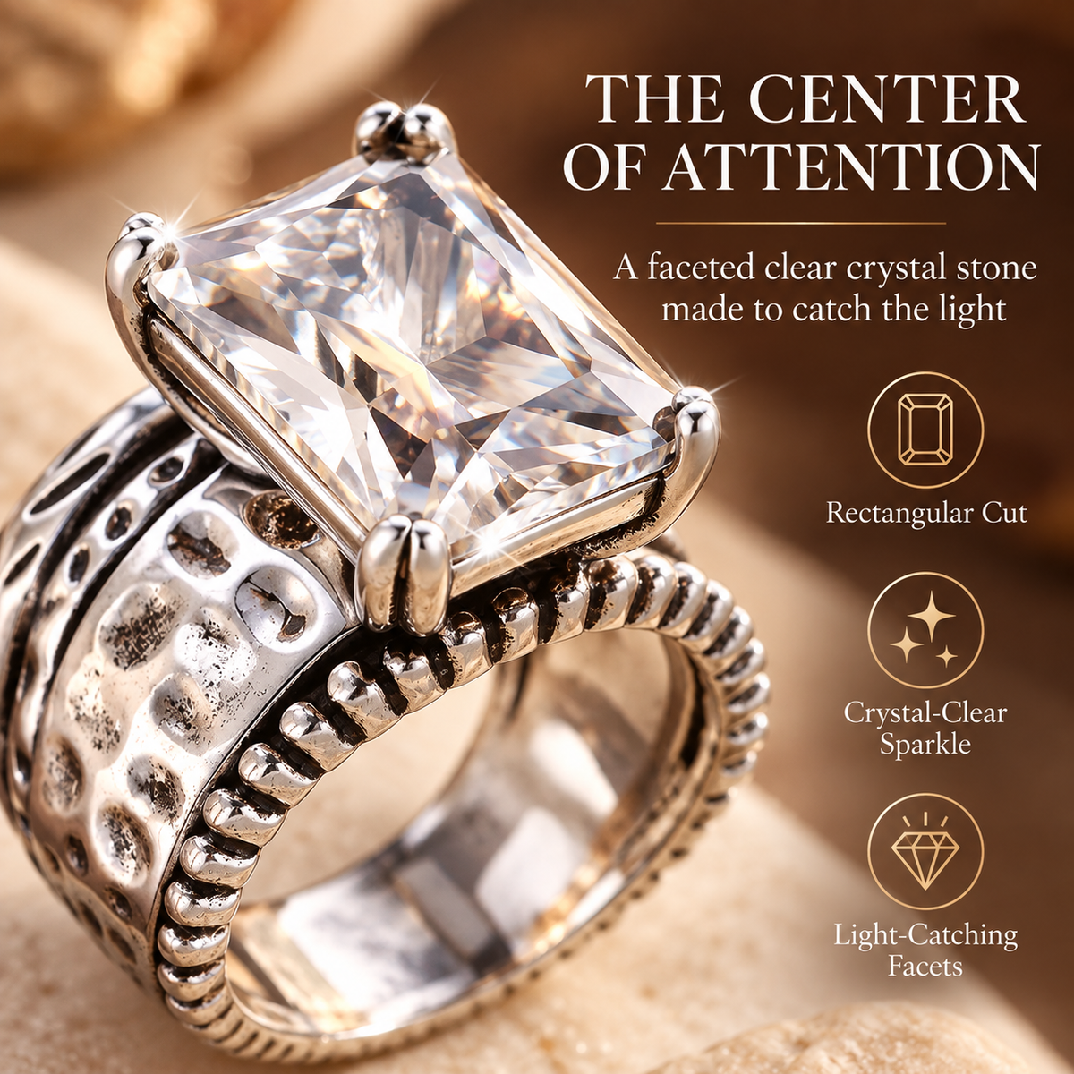 Vintage Clear Crystal Statement Ring – Antique Silver-Tone Design