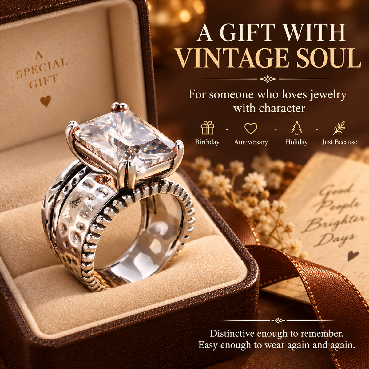 Vintage Clear Crystal Statement Ring – Antique Silver-Tone Design
