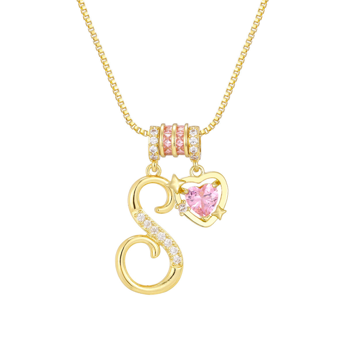 🌸 Dainty 3-Layer Initial Necklace – Silver-Plated Choker with Blush Pink CZ Charm