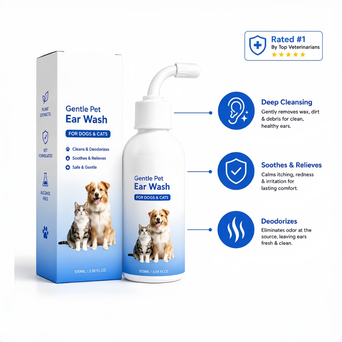 🐶 Gentle Pet Ear Cleaner Solution for Dogs & Cats (100ml / 3.38 fl oz) 🐱